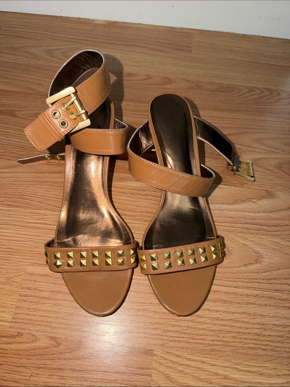 Sole Society Tan Ankle-Strap Studded Sandals